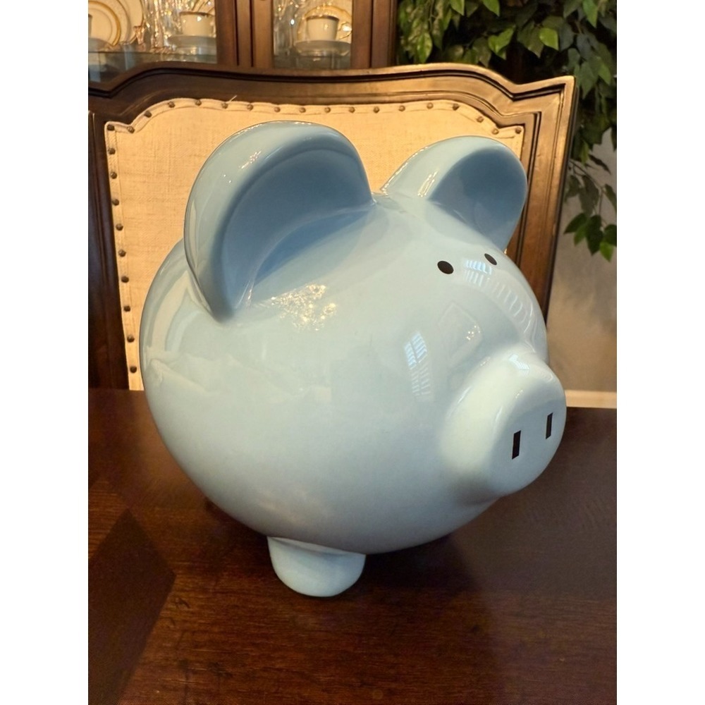 Large Blue Piggy Bank Child to Cherish Big Ear Ceramic Nursery Decor Gift
